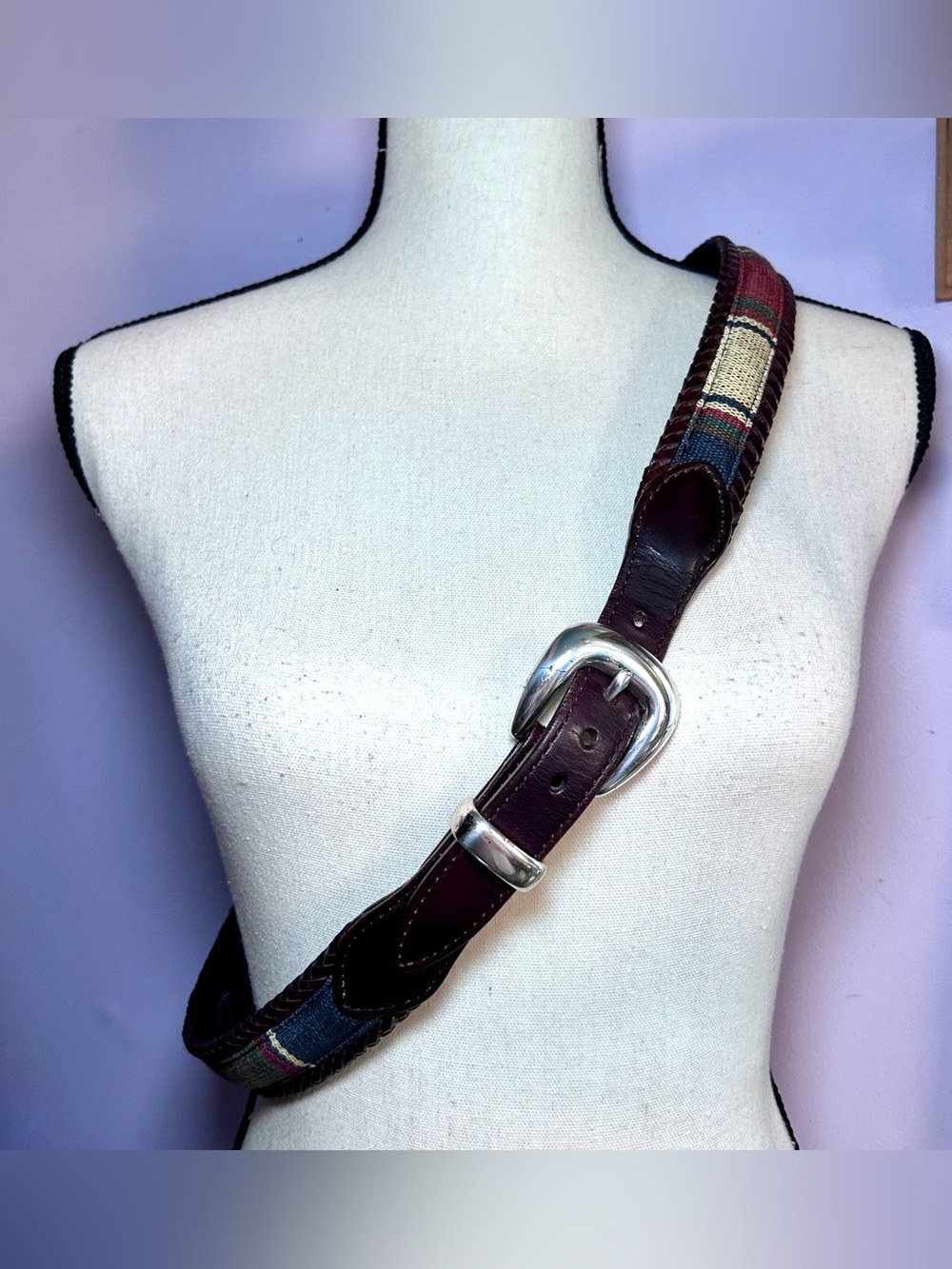 Vintage Brighton Southwestern Fabric Striped Leather Belt Silver Buckle Men’s 40
